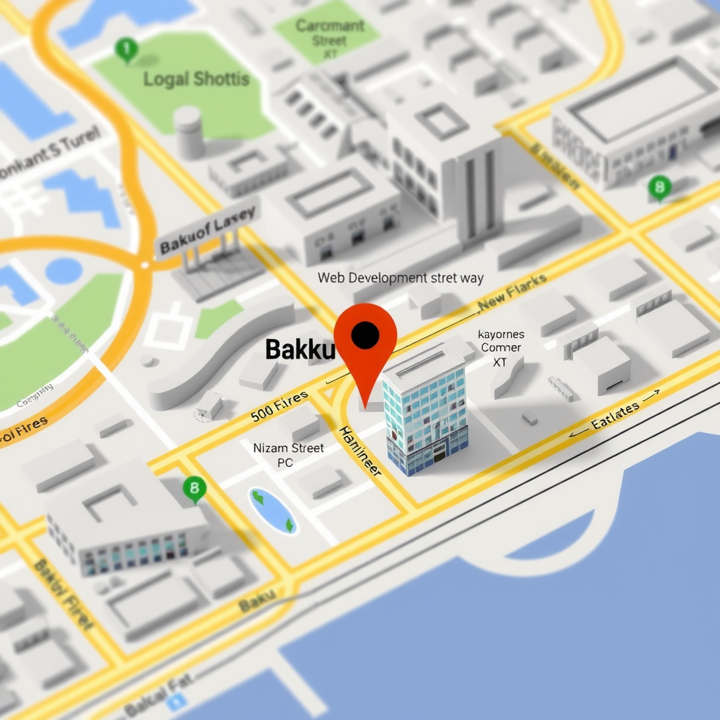 Map showing bakuofbaky office location at 48 Nizami Street in Baku, Azerbaijan. The map displays the central business district of Baku with nearby landmarks and streets for easy navigation to our web development office