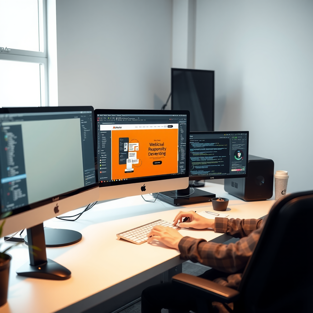 Modern web development workspace showing a developer working on responsive website design with multiple screens displaying code and design mockups, representing professional digital solutions and innovative technology