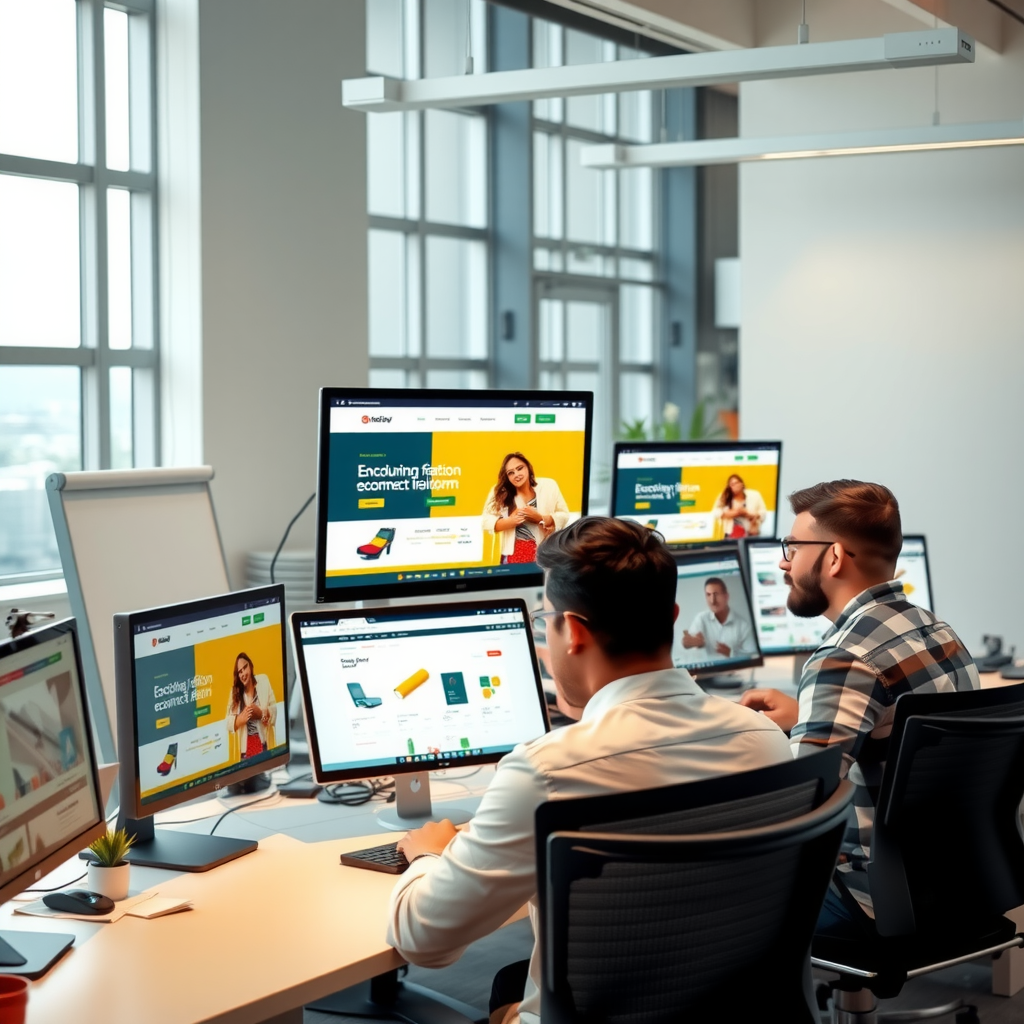 Modern tech startup office in Baku showing team of developers working on innovative e-commerce platform with multiple computer screens displaying the new digital solution interface