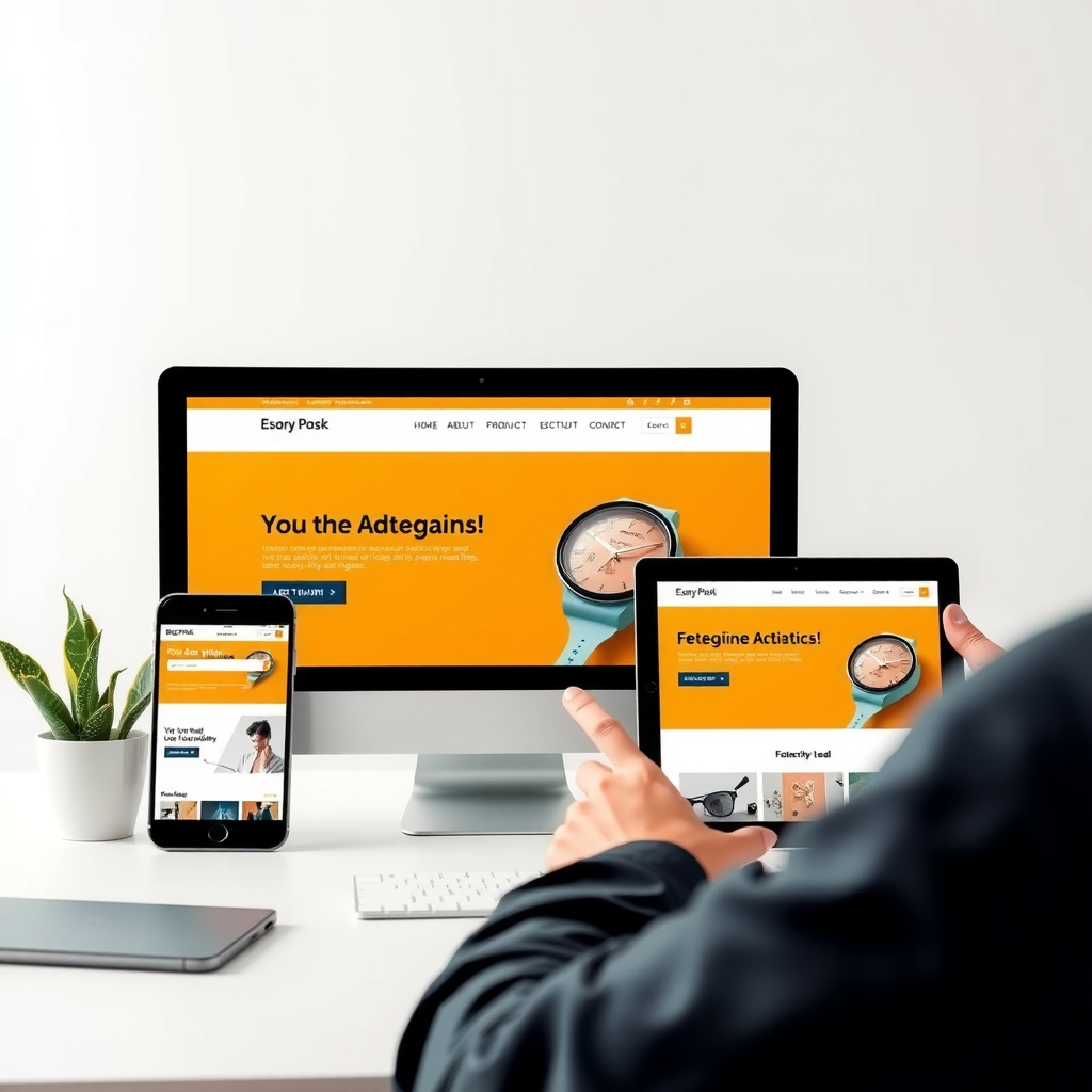 Modern responsive website displayed on multiple devices including smartphone, tablet, and desktop computer, showing adaptive layout and touch-friendly interface elements
