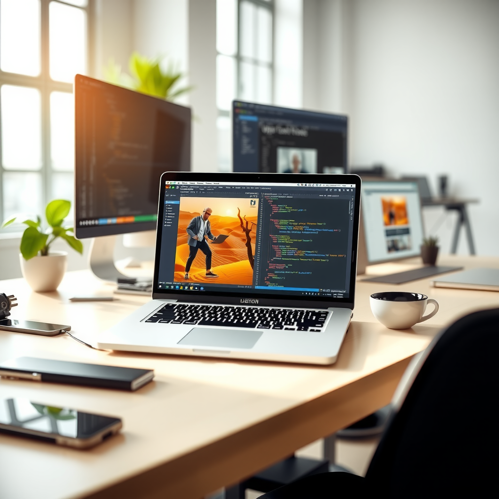 Modern laptop displaying custom website design with clean code editor interface, professional developer workspace with multiple screens showing responsive web layouts, bright office environment with natural lighting