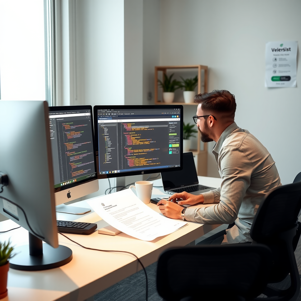 Professional web development team collaborating on custom website projects in modern office with dual monitors displaying code editors and design interfaces