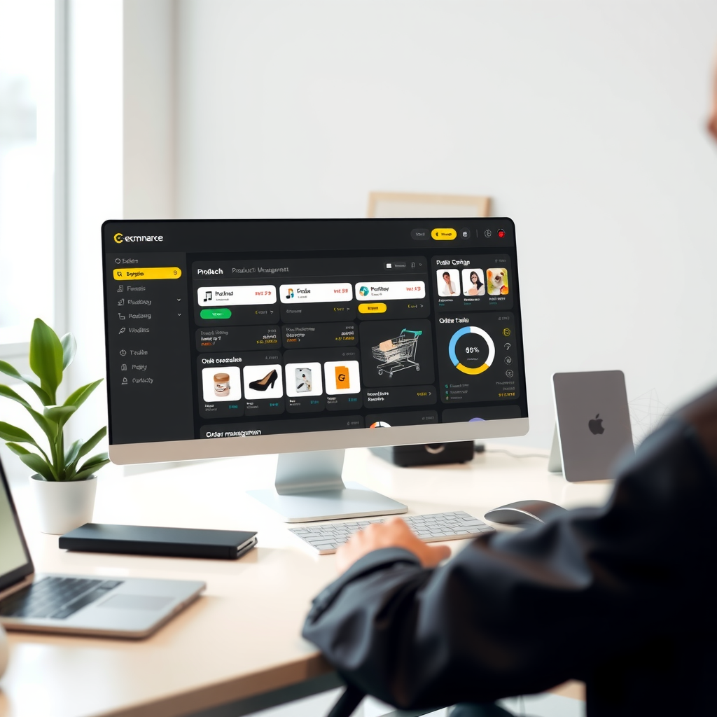 Modern e-commerce platform dashboard displaying product catalog management system with shopping cart interface, secure payment gateway integration, and order management tools for online retail businesses