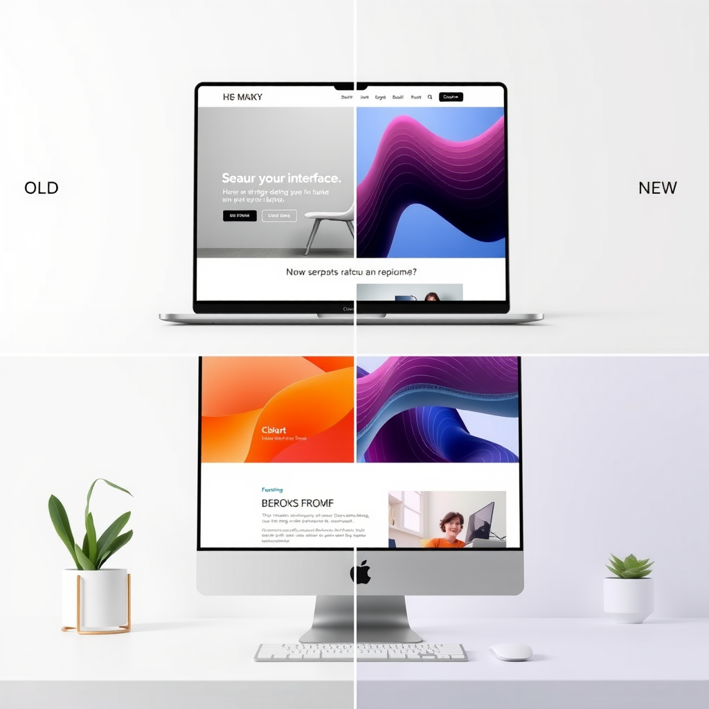 Professional website redesign showcase displaying modern interface transformation with clean layouts, responsive design elements, and contemporary visual aesthetics comparing old outdated website design with new modern redesigned version