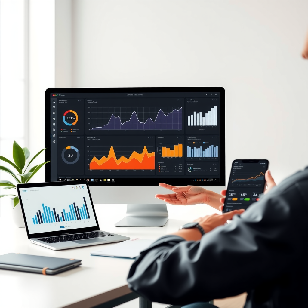 Modern web application dashboard interface displaying data analytics, charts, and intuitive user interface across desktop and mobile devices