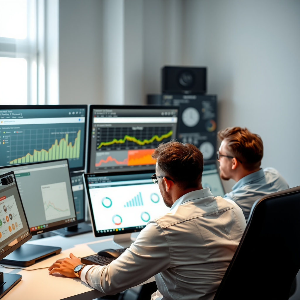 Professional web development team monitoring website performance and security on multiple computer screens with analytics dashboards