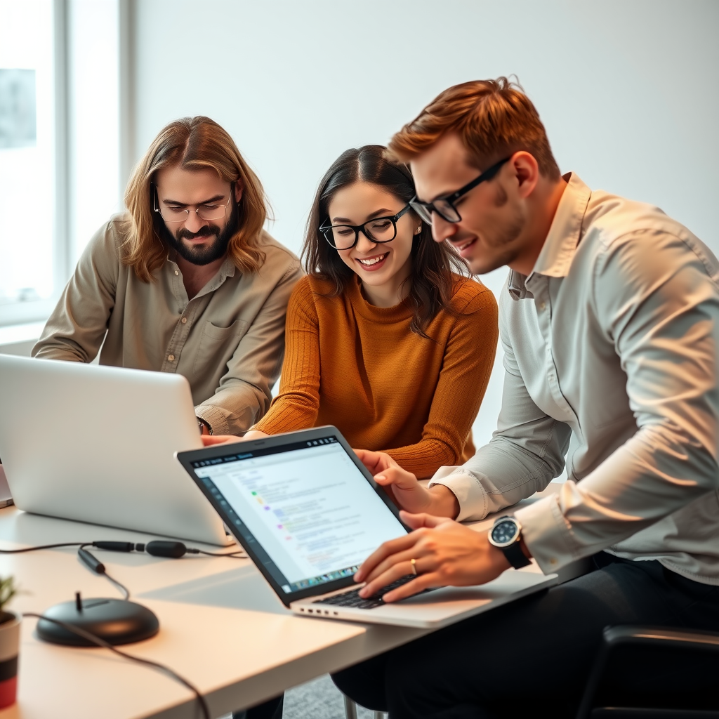 Professional development team collaborating on a web project, showing developers and designers working together on laptops with code and design elements visible, representing teamwork and expertise in digital solutions