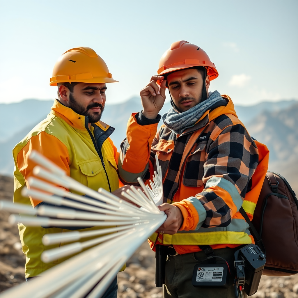 Technicians installing fiber optic internet infrastructure in a rural Azerbaijani village with mountains in the background, showing modern technology reaching remote communities
