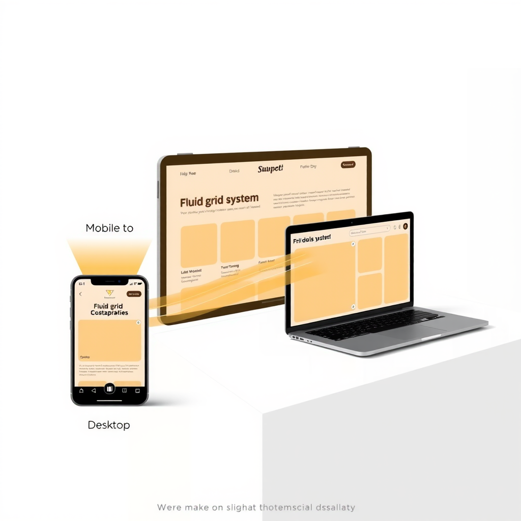 Diagram showing fluid grid system adapting from mobile to tablet to desktop layout, with content blocks rearranging responsively across different screen sizes
