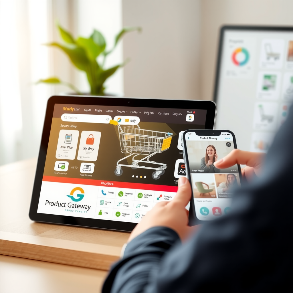 Online shopping cart interface on tablet and smartphone, secure payment gateway icons, product catalog display with shopping features, modern e-commerce dashboard showing sales analytics and inventory management