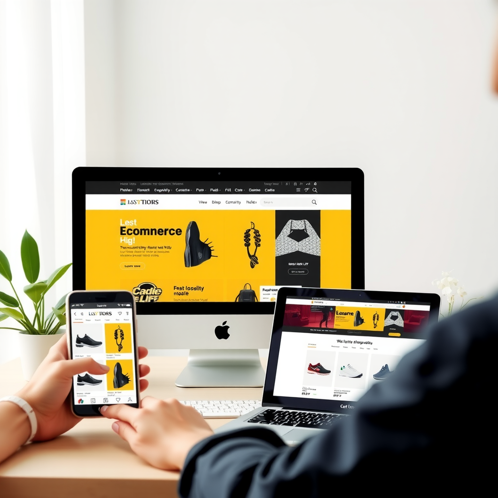 Responsive e-commerce website displayed across multiple devices including smartphone, tablet, and desktop computer, demonstrating mobile-friendly design with fast loading product pages and optimized user navigation