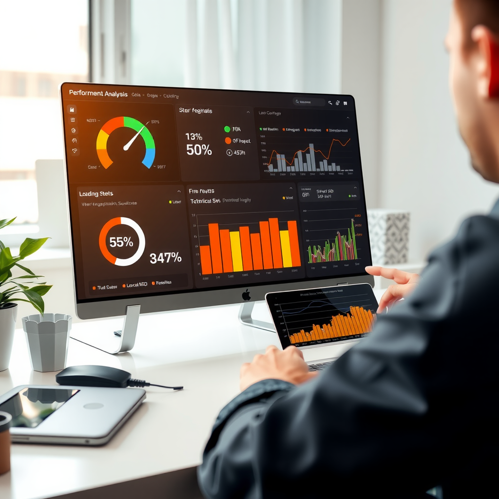 Detailed website performance analysis dashboard displaying loading speed metrics, user engagement statistics, mobile compatibility scores, and technical SEO audit results with graphs and data visualization