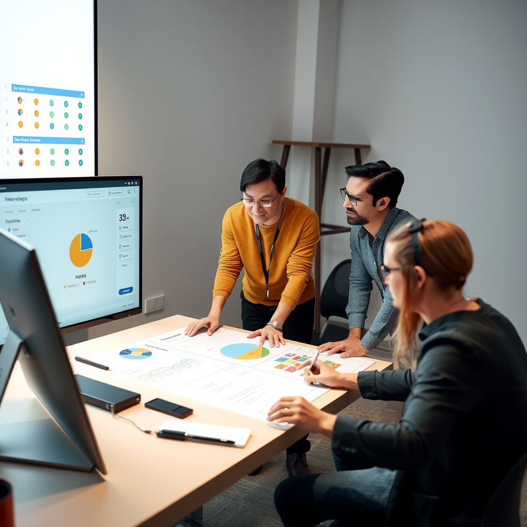 Development team collaborating on web application project, reviewing wireframes, user flows, and technical specifications on a large screen