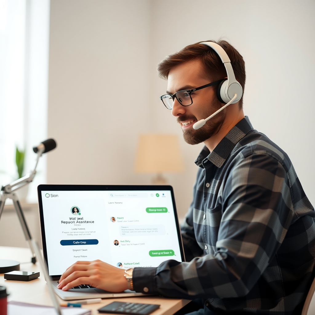 Technical support specialist providing website assistance through laptop showing support ticket system and live chat communication tools
