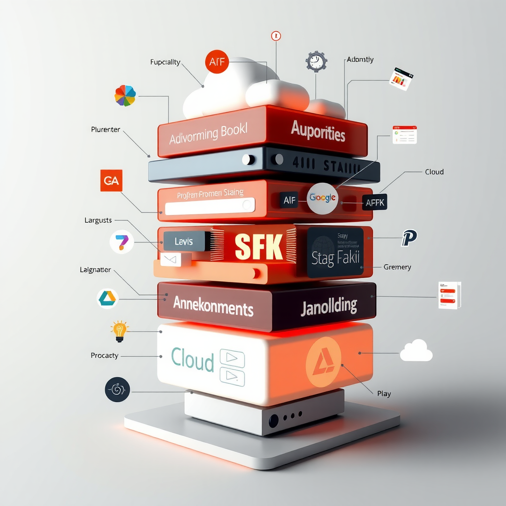 Modern technology stack visualization showing various programming languages, frameworks, and tools used in web development including responsive design elements and cloud infrastructure, representing innovation and technical expertise