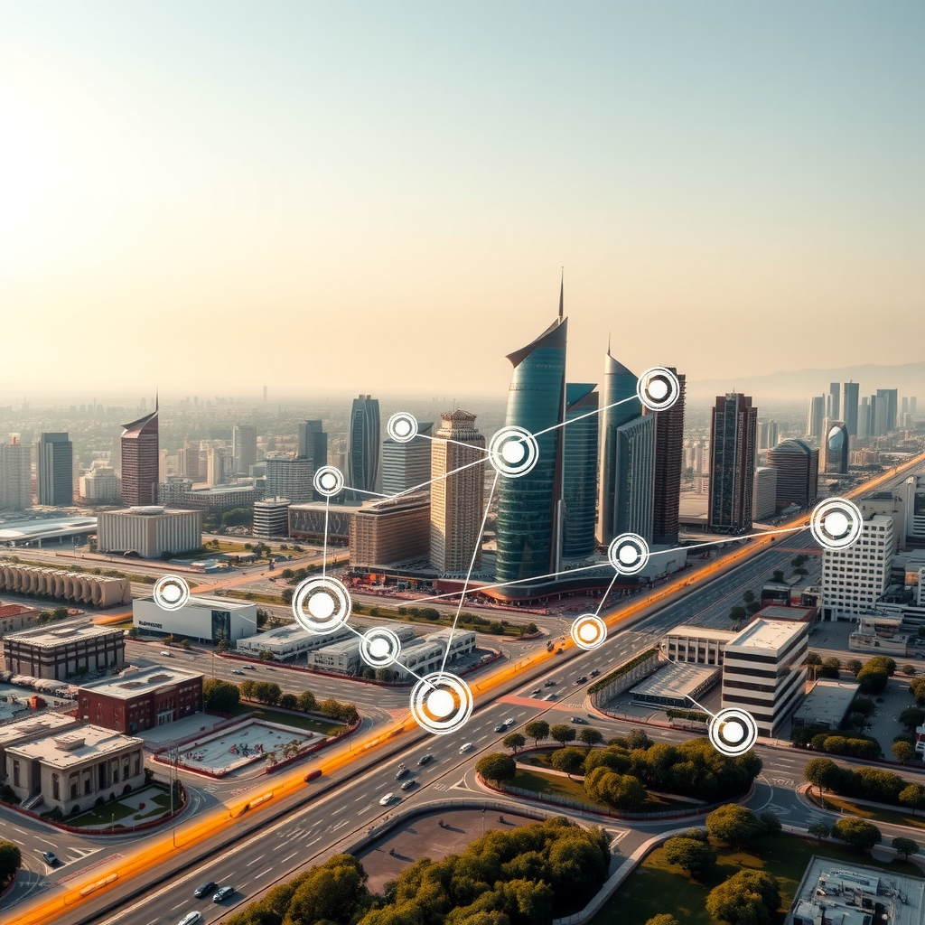 Panoramic view of modern Baku skyline with digital network visualization overlay showing interconnected businesses and growing e-commerce ecosystem across the city