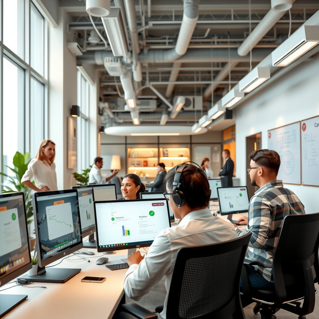 Interior of a modern technology hub in Baku showing web developers and IT professionals collaborating in an open workspace with computers, whiteboards, and contemporary design