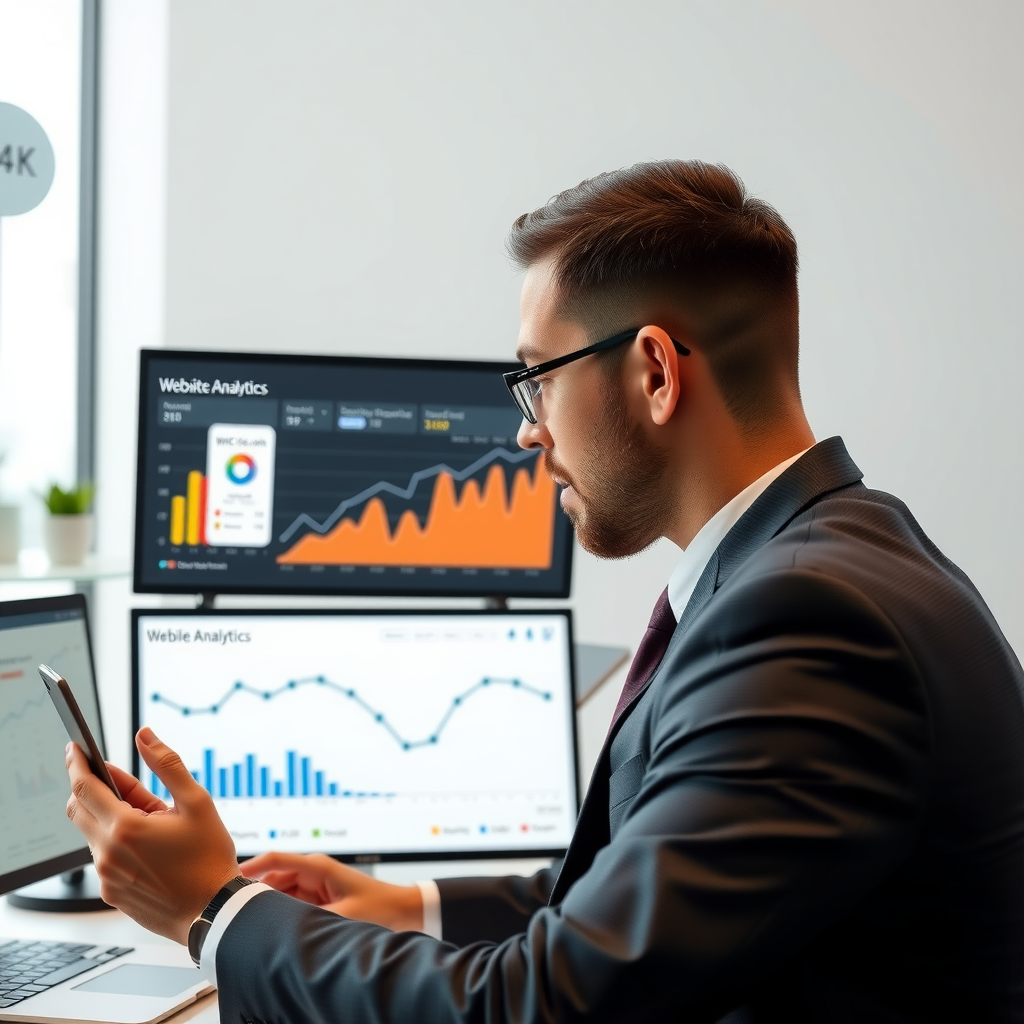 Business professional reviewing website analytics dashboard showing improved mobile metrics, user engagement statistics, and conversion rates on multiple screens
