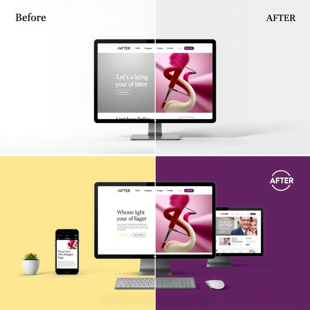 Before and after comparison of website redesign, outdated website transforming into modern responsive design, UI/UX improvement mockups on desktop and mobile devices, contemporary web design elements and color schemes