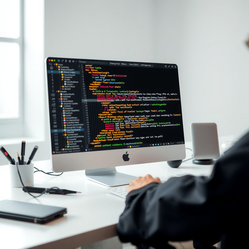 Modern code editor displaying clean, well-structured HTML, CSS, and JavaScript code with organized file directory and development tools