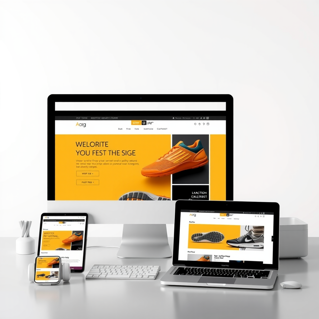 Responsive website design displayed across multiple devices including desktop computer, tablet, and smartphone showing seamless adaptation and mobile-friendly interface with consistent user experience across all screen sizes