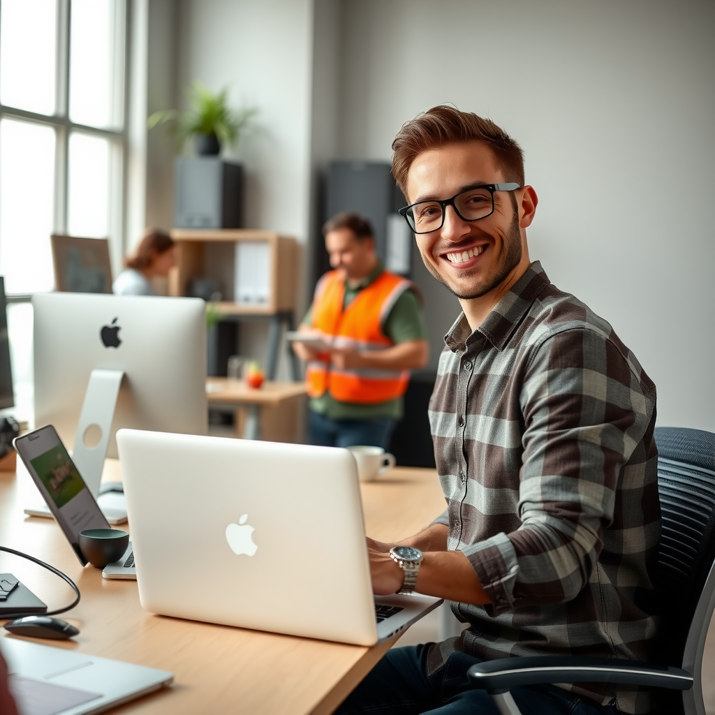 Business owner working confidently on laptop in modern office while technical team handles website maintenance and updates in the background