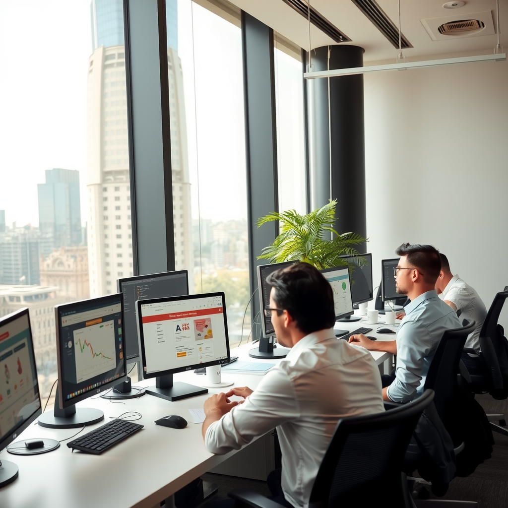 Modern office space in Baku with developers working on computers, showcasing a tech startup environment with large windows overlooking the city skyline, bright natural lighting, professional atmosphere with digital screens displaying e-commerce platform interfaces
