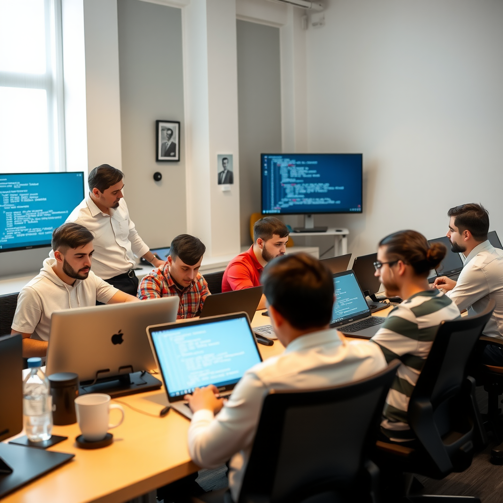IT training classroom in Azerbaijan showing an instructor teaching web development to diverse group of students working on laptops with code displayed on screens