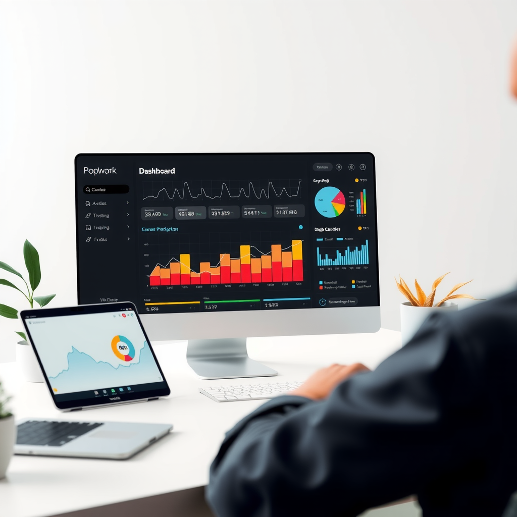 Custom web application dashboard with data visualization charts, business workflow automation interface, team collaboration platform on multiple devices, cloud-based management system with real-time updates