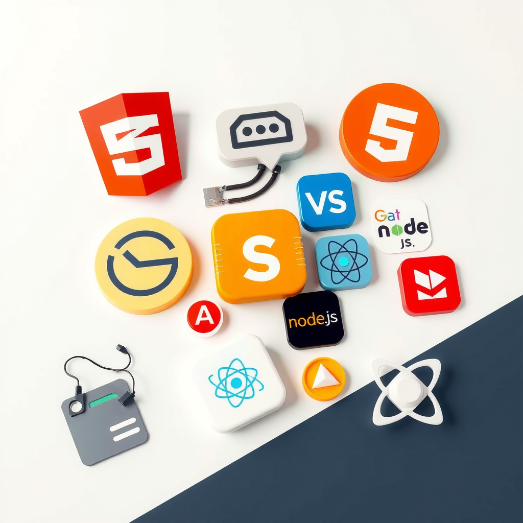 Collection of modern web development technology logos and icons including HTML5, CSS3, JavaScript, React, Node.js, and various frameworks displayed on clean background