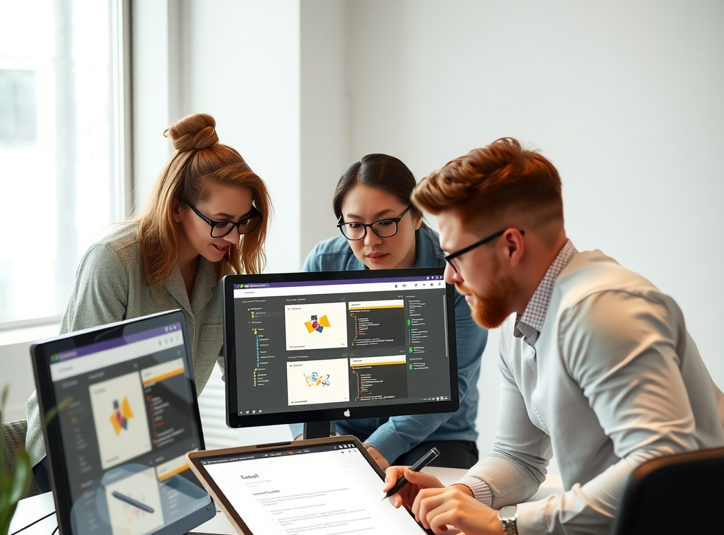 Professional web development team collaborating on website redesign project with designers and developers working together on modern computers showing wireframes, code, and design mockups in bright office environment