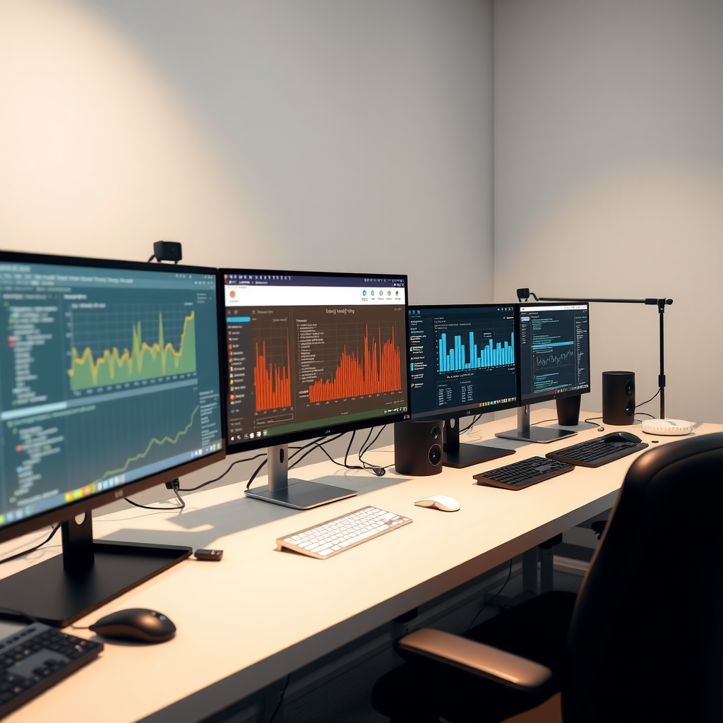 Professional web development workspace with multiple monitors displaying code, website analytics, performance dashboards, and security monitoring tools