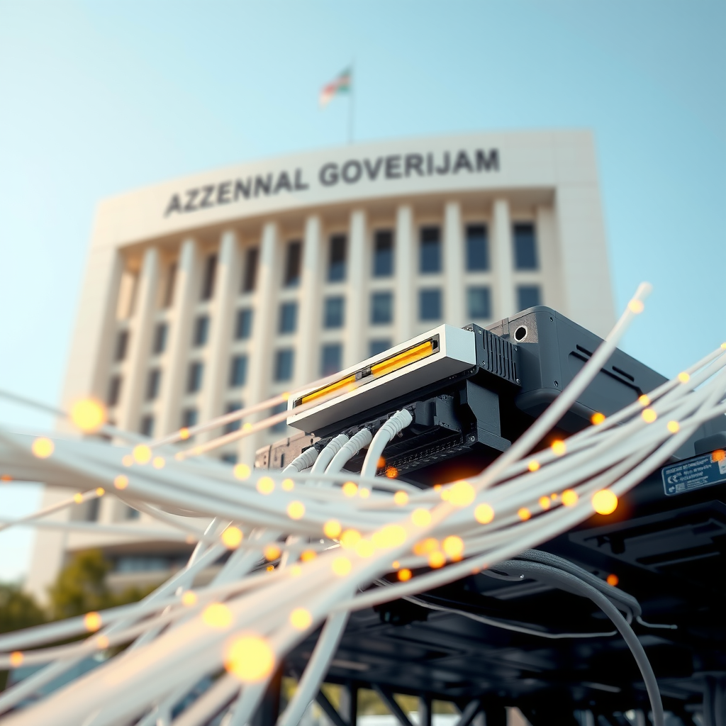 Modern fiber optic cables and network infrastructure equipment in Azerbaijan, government building in background, digital connectivity concept with glowing network lines, technology hub visualization, bright daylight setting with clear blue sky