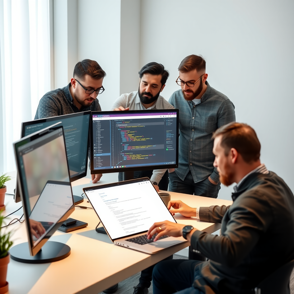 Professional web development team in Azerbaijan collaborating on a responsive website project, showing multiple screens with code, design mockups, and team members discussing digital solutions
