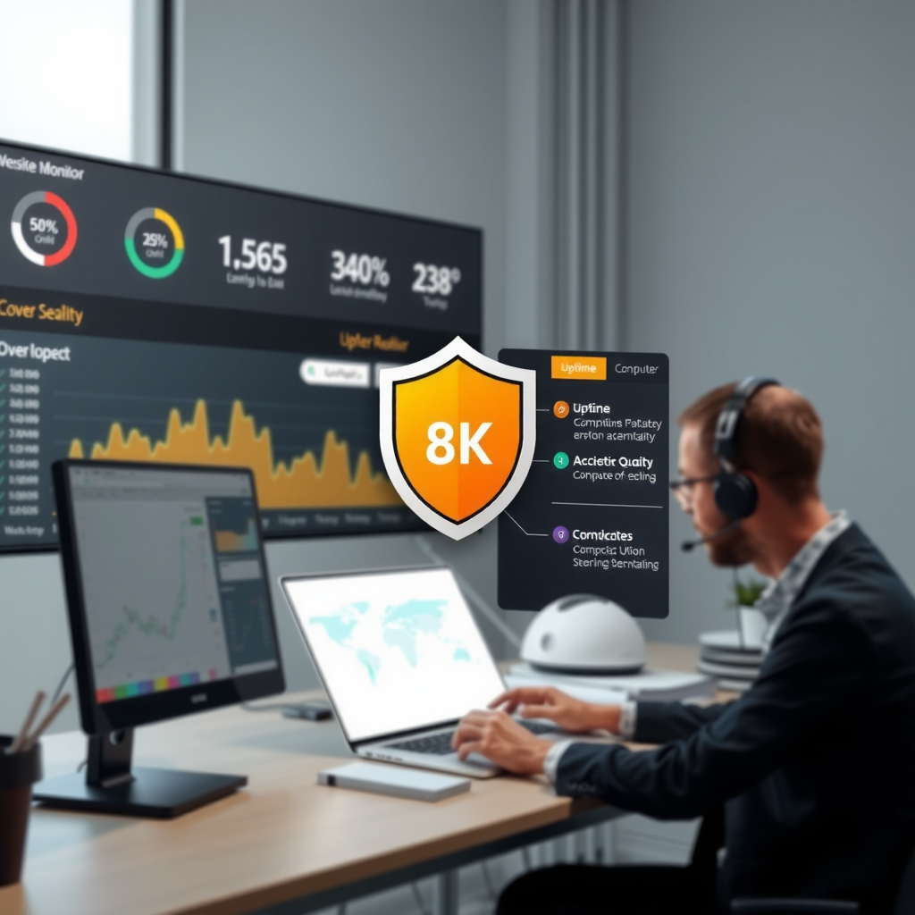 Website performance monitoring dashboard with uptime statistics, security shield icon with update notifications, technical support team working on computer maintenance, backup and optimization tools interface