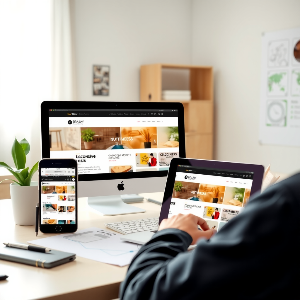 Multiple devices including smartphone, tablet, and laptop displaying the same responsive website with adaptive layouts, clean modern interface design, web development workspace in Baku with design sketches and wireframes, bright professional setting